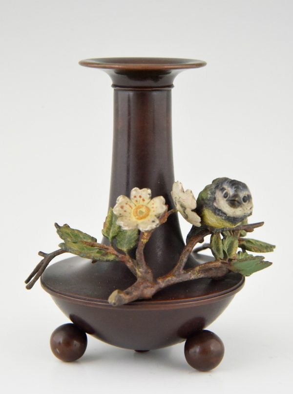 Antique bronze inkwell and vases with birds