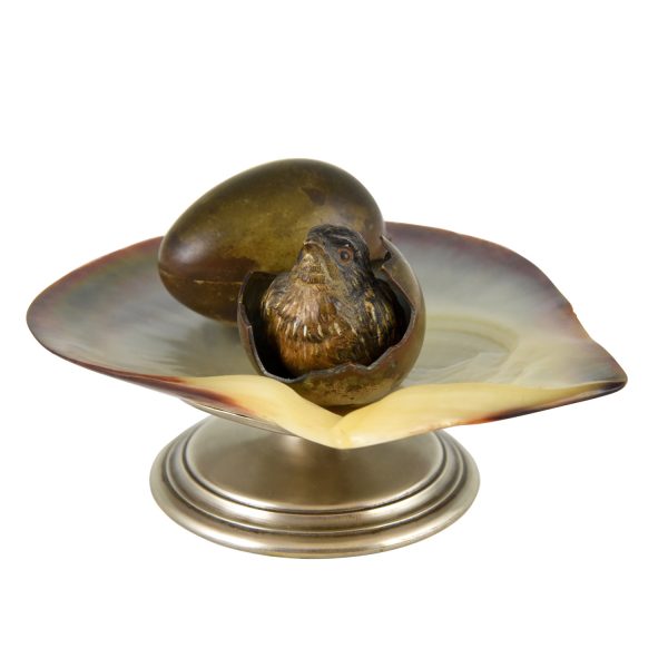 Bronze inkwell tray with bird and egg shell