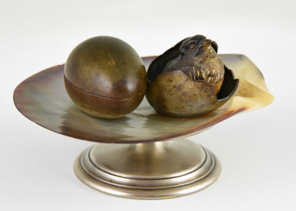 Bronze inkwell tray with bird and egg shell