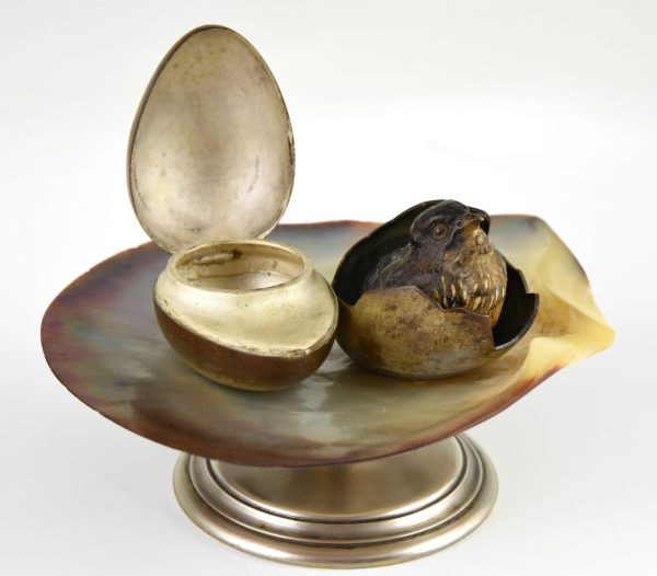 Bronze inkwell tray with bird and egg shell