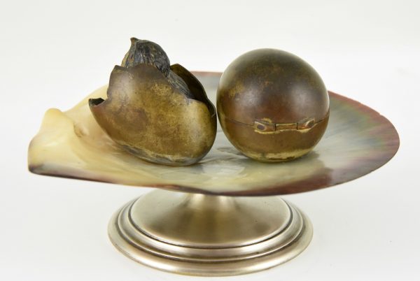 Bronze inkwell tray with bird and egg shell