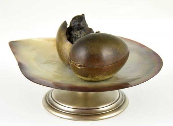 Bronze inkwell tray with bird and egg shell