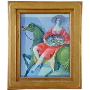 Painting woman on horseback with basket of fish.
