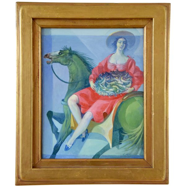 Tableau d’une femme à cheval avec panier avec de poisson