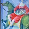 Tableau d’une femme à cheval avec panier avec de poisson