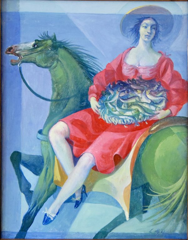 Painting woman on horseback with basket of fish.