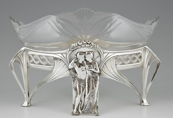 Art Nouveau silvered flower dish with couple
