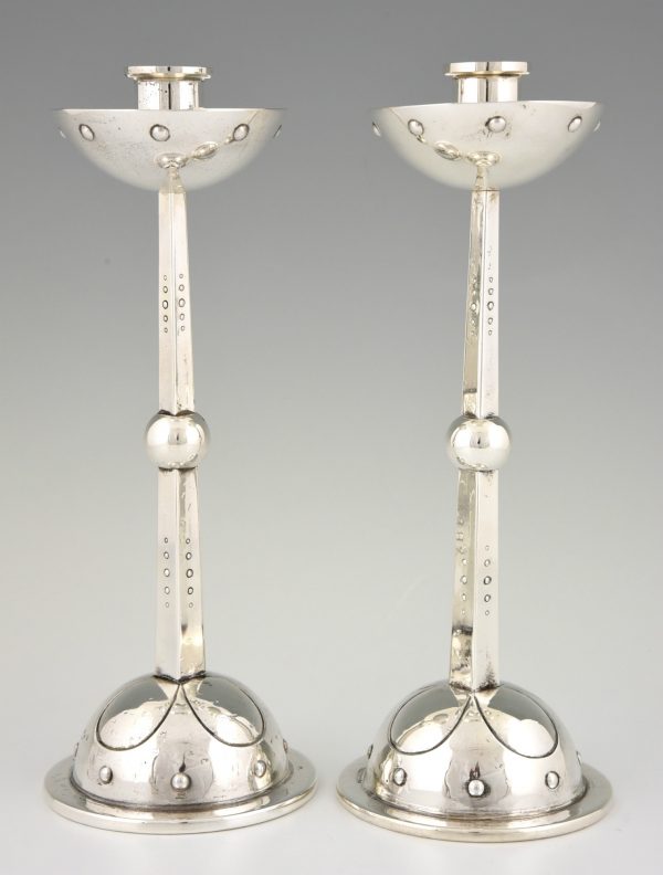 Pair of Art Nouveau silvered candlesticks