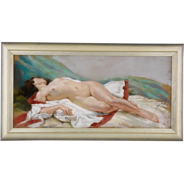 Gouache Art Deco d’une femme nue couchée