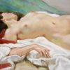 Gouache Art Deco d’une femme nue couchée