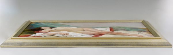Gouache Art Deco d’une femme nue couchée