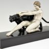 Art Deco sculptuur naakte vrouw met panter