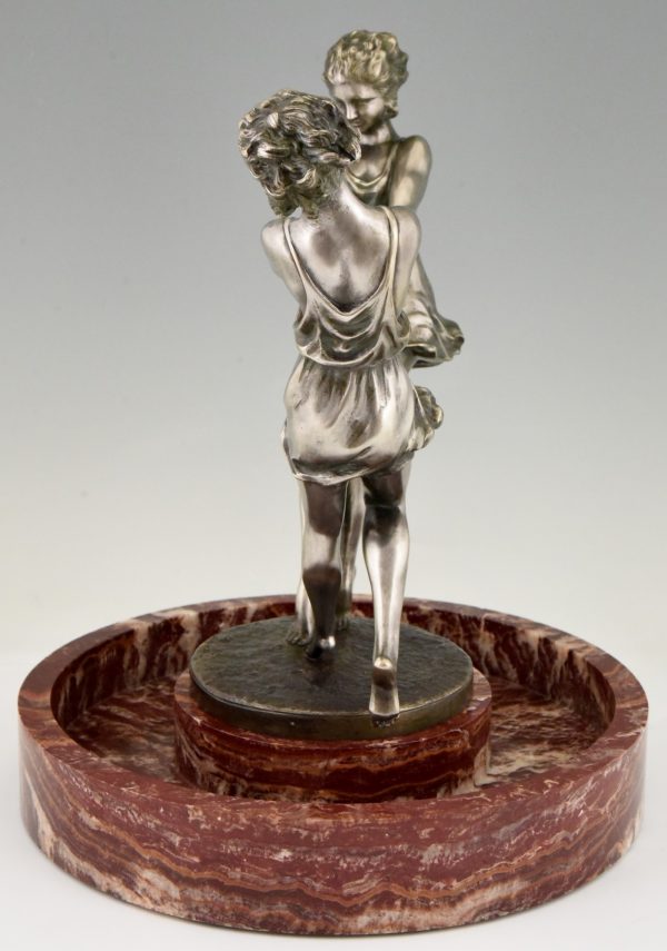 Art Deco schaal met bronzen sculptuur van dansende vrouwen