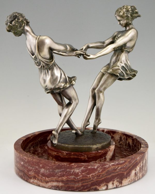 Art Deco schaal met bronzen sculptuur van dansende vrouwen