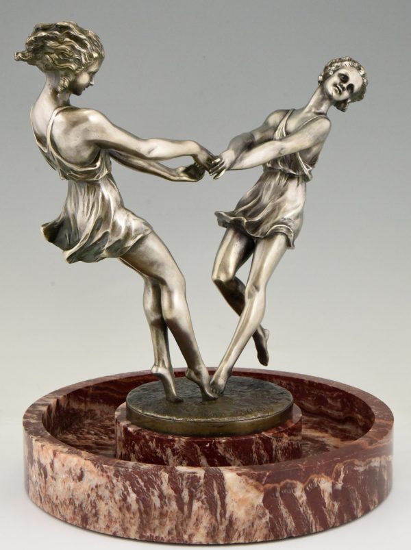 Art Deco schaal met bronzen sculptuur van dansende vrouwen