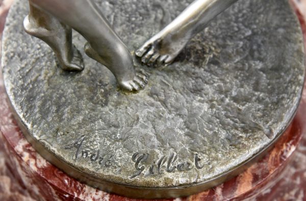 Art Deco schaal met bronzen sculptuur van dansende vrouwen