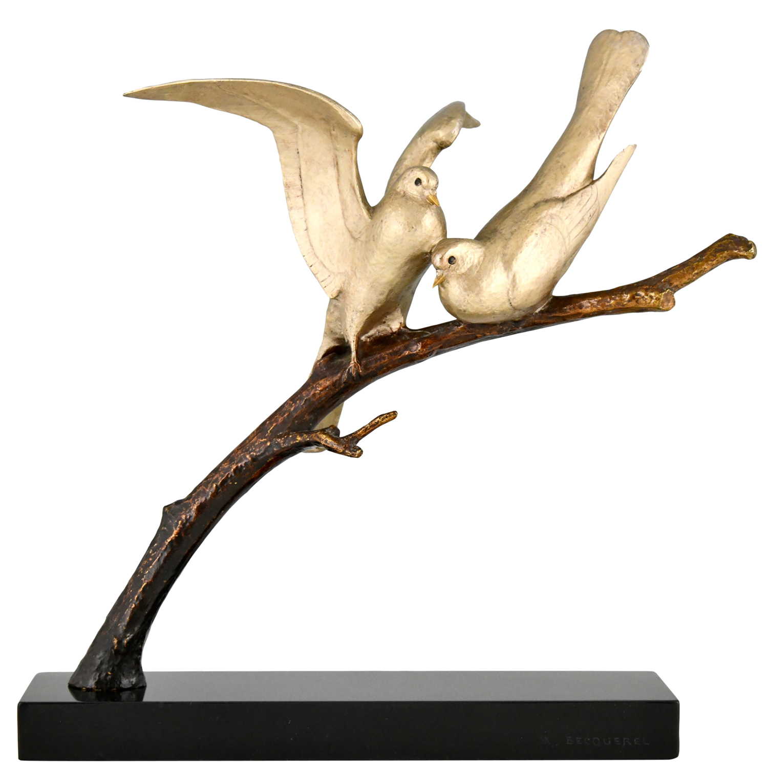 Art Deco sculpture bronze deux oiseaux sur une branche