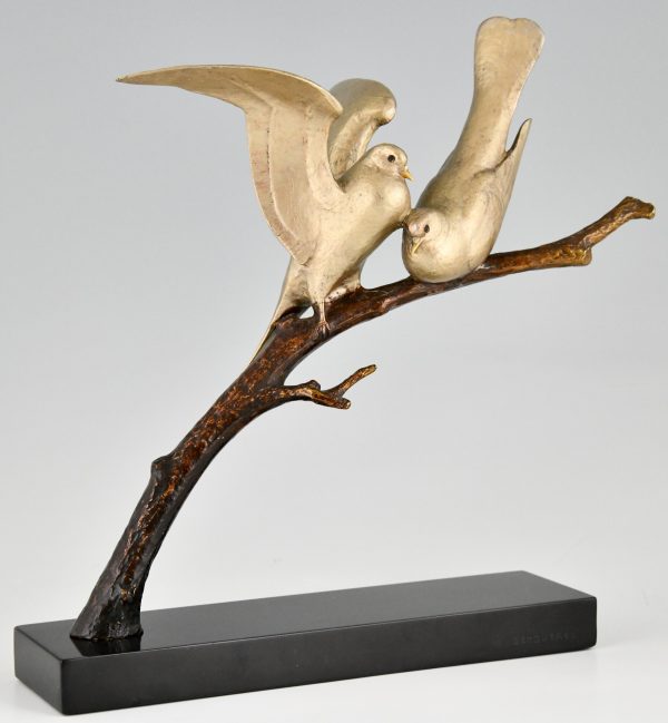 Art Deco sculpture bronze deux oiseaux sur une branche