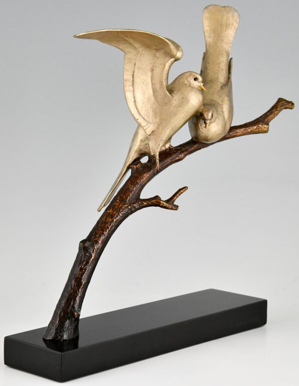 Art Deco sculpture bronze deux oiseaux sur une branche