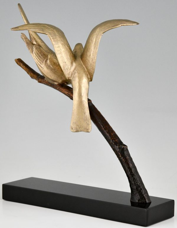 Art Deco sculpture bronze deux oiseaux sur une branche