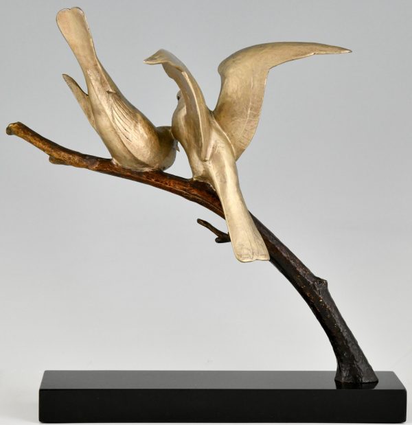 Art Deco Skulptur Bronze zwei Vögel auf Zweig