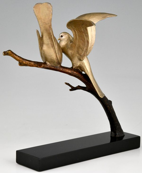 Art Deco sculpture bronze deux oiseaux sur une branche