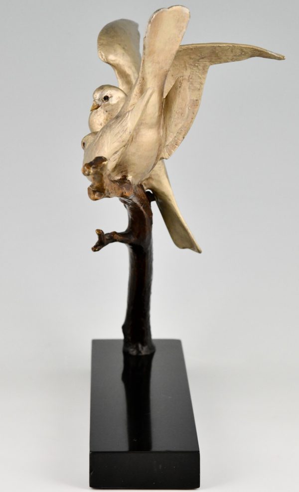 Art Deco sculptuur in brons vogels op tak