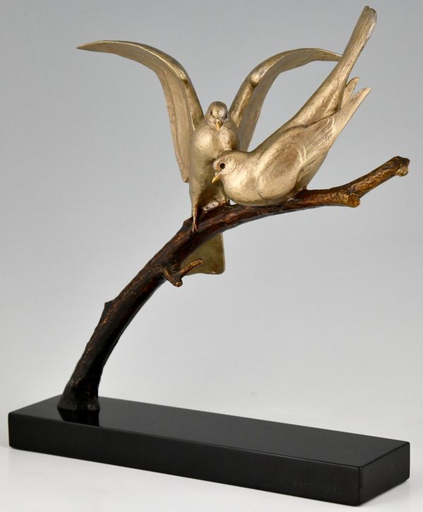 Art Deco Skulptur Bronze zwei Vögel auf Zweig