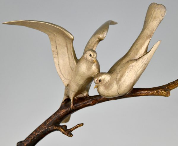 Art Deco sculpture bronze deux oiseaux sur une branche