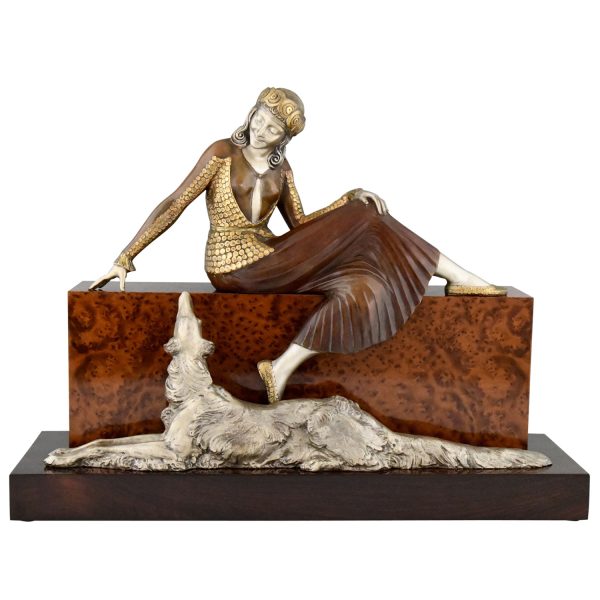 Art Deco bronze sculptuur vrouw met windhond