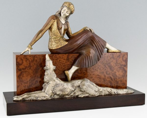 Art Deco bronze sculpture of a lady with borzoi dog