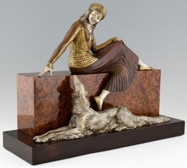 Art Deco bronze sculpture of a lady with borzoi dog