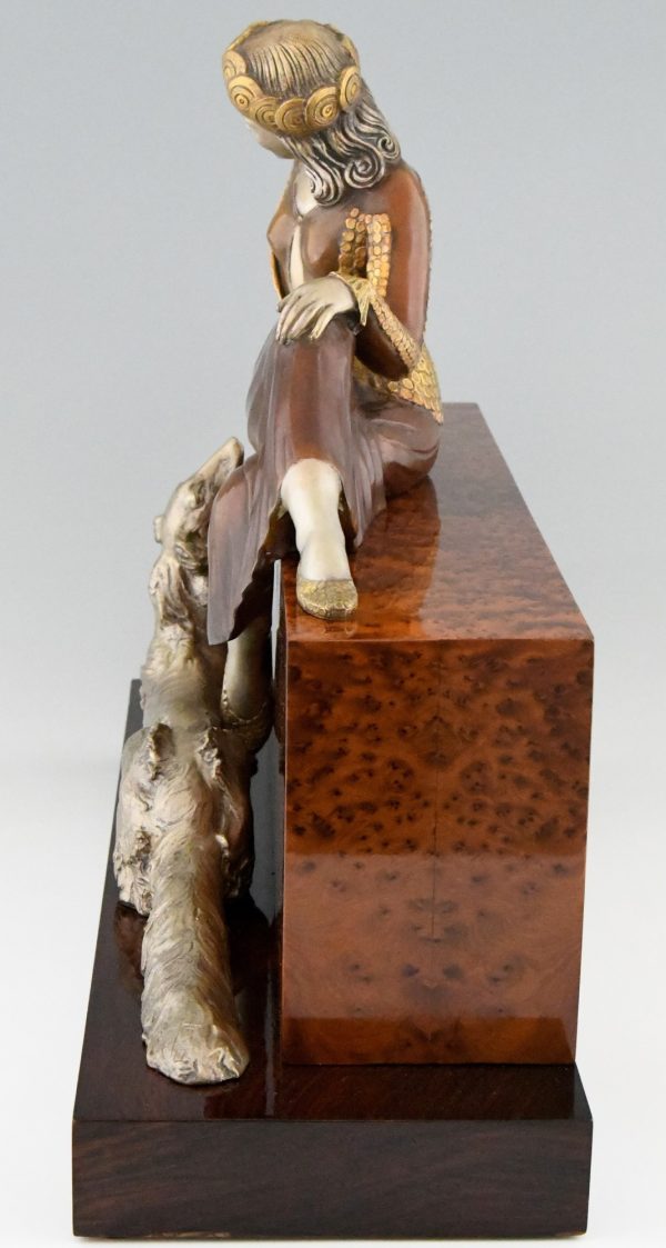 Art Deco bronze sculpture of a lady with borzoi dog