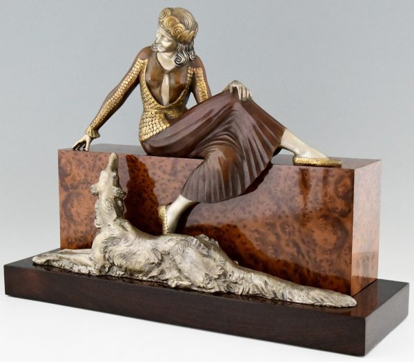 Art Deco bronze sculpture of a lady with borzoi dog