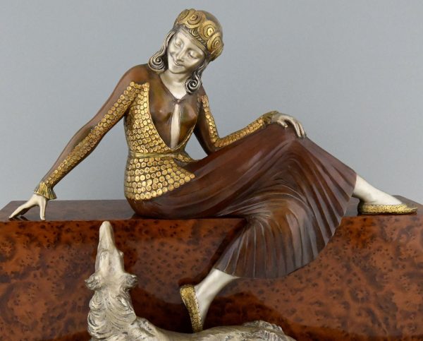 Art Deco bronze sculpture of a lady with borzoi dog