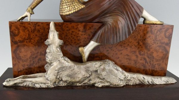 Art Deco bronze sculpture of a lady with borzoi dog