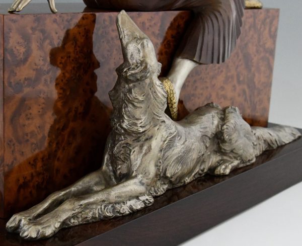 Art Deco bronze sculpture of a lady with borzoi dog