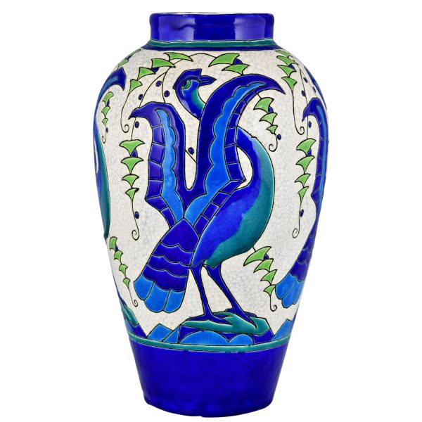 Vase Art Deco en céramique aux oiseaux