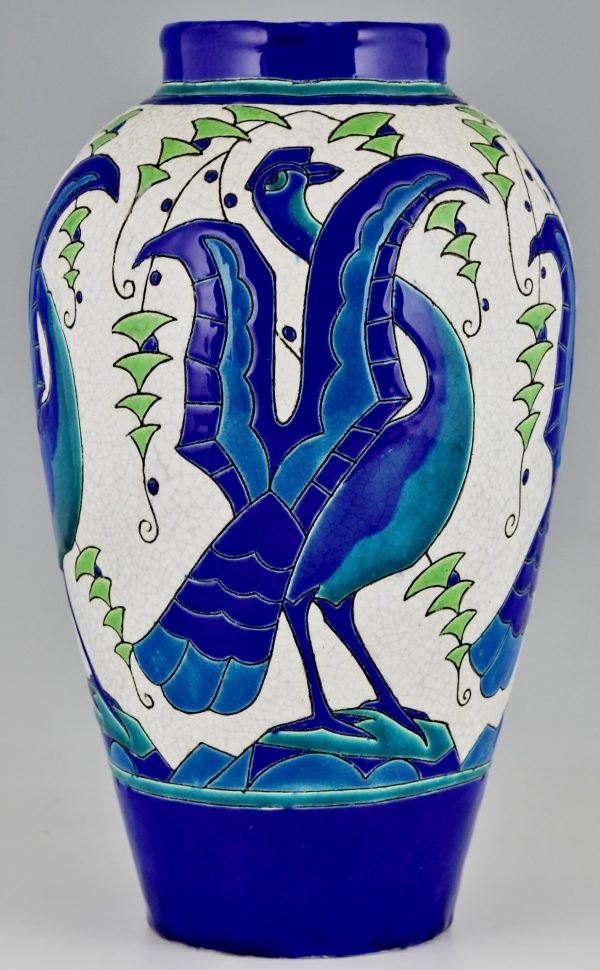 Vase Art Deco en céramique aux oiseaux