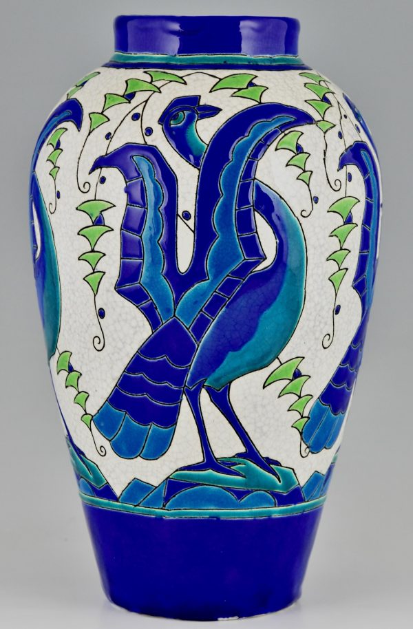 Vase Art Deco en céramique aux oiseaux