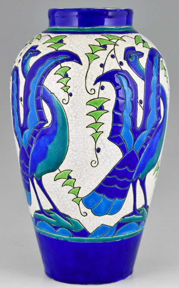 Vase Art Deco en céramique aux oiseaux