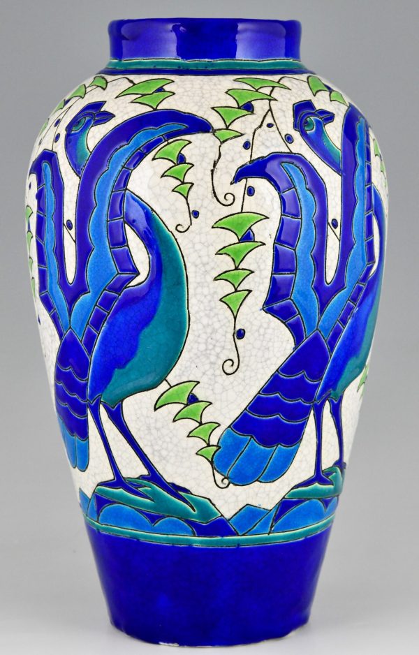 Vase Art Deco en céramique aux oiseaux