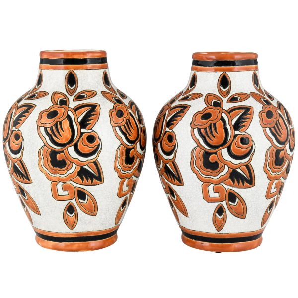 Pair Art Deco ceramic craquelé vases with flowers