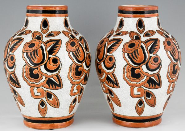 Pair Art Deco ceramic craquelé vases with flowers