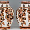 Pair Art Deco ceramic craquelé vases with flowers