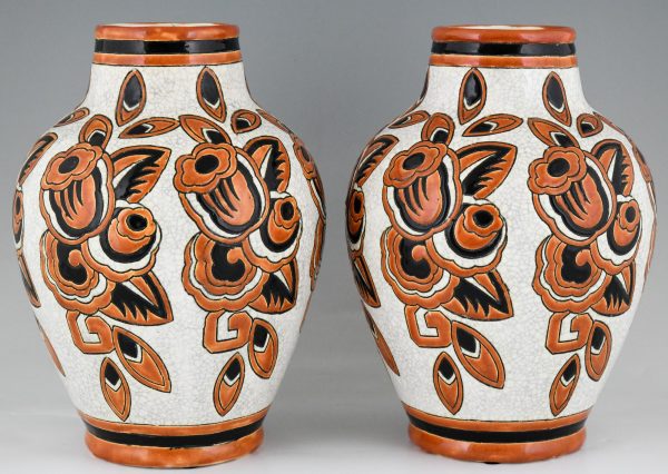 Pair Art Deco ceramic craquelé vases with flowers