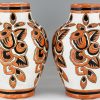 Pair Art Deco ceramic craquelé vases with flowers