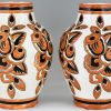 Pair Art Deco ceramic craquelé vases with flowers