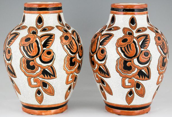 Pair Art Deco ceramic craquelé vases with flowers