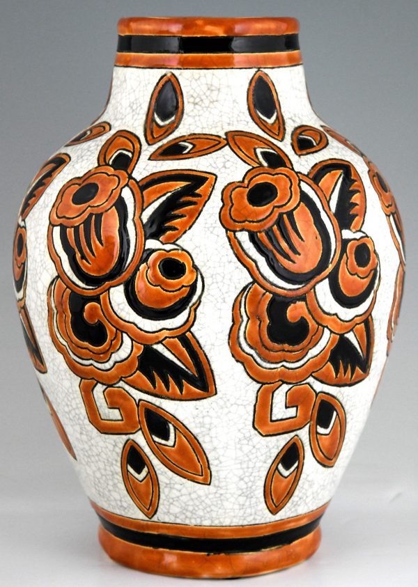 Paire de vases Art Deco céramique craquelé motif florale